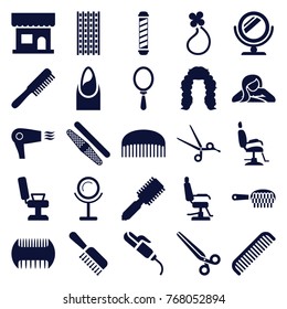 Set of 25 salon filled icons such as comb, hair brush, beauty salon, barber chair, nail, mirror, hair curler, barber scissors, hair dryer, woman in spa