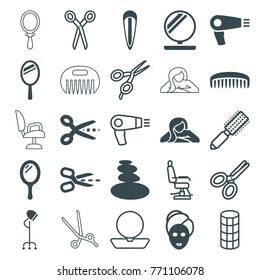 Set of 25 salon filled and outline icons such as mirror, hair dryer, spa mask, scissors, barber scissors, hair brush, barber chair, powder, comb, spa stones