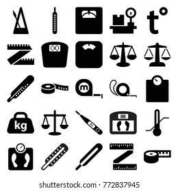 Set of 25 scale filled icons such as thermometer, tape, scales, measuring tape, floor scales, measure ruler, floor scale, themometer, lugagge weight, weight, metronome