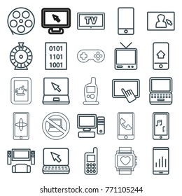 Set of 25 screen outline icons such as roulette, finger on tablet, phone, laptop, movie tape, tv system, graph on display, tv, mobile phone music, pc, camera display