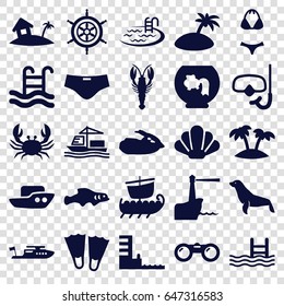 Set of 25 sea filled icons such as crab, seal, boat, pool, cargo ship, palm