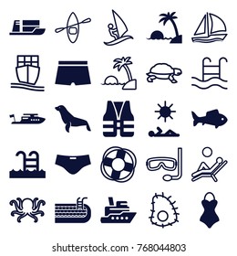 Set of 25 sea filled and outline icons such as seal, boat, ship, fish, swimming pool, man laying in sun, island, man swim wear, swimsuit, lifebuoy, life vest, octopus, turtle