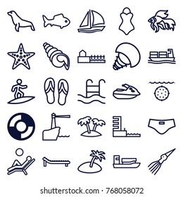 Set of 25 sea outline icons such as lifebuoy, fish, seal, ship, cargo ship, palm, swimming pool, harbor, avenue, jet ski, sunbed, starfish, man laying in the sun, island
