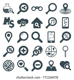 Set of 25 search filled icons such as map location, percent search, route and phone, labyrinth, location pin, location, binoculars with dollar sign, marketing, magnifier