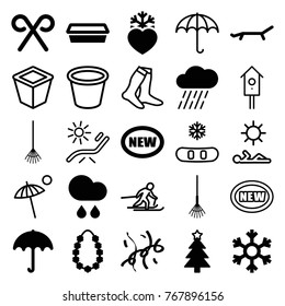 Set of 25 season filled and outline icons such as umbrella, new, christmas tree, rake, rain, pot for plants, heart frozen, candy cane, confetti, garland, snowflake, sunbed