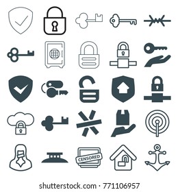 Set of 25 secure filled and outline icons such as key, cargo protection, lock, home security, key on hand, wire fence, censored woman, censored, cloud protection, home lock