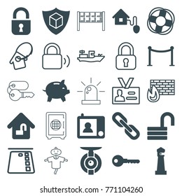 Set of 25 security filled and outline icons such as lighthouse, red carpet barrier, key, opened lock, cargo insurance, home lock, smart home, intercom, lifebuoy, spy camera