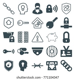 Set of 25 security filled and outline icons such as security camera, atm money withdraw, lock, censored woman, health insurance, folder protection, badge, keyhole in head, key
