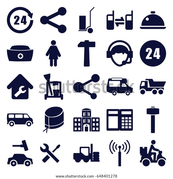 set of 25 service filled icons such\
as signal tower, forklift, van, cleaning tools, car wash, truck,\
wrench and screwdriver, cart cargo, garden\
hammer