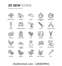 Set of 25 Sew linear icons such as French curve, Fabrics, Fabric, Embroidery hoop, Embroidery, crochet hook, Zipper, vector illustration of trendy icon pack. Line icons with thin line stroke.