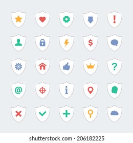 Set of 25 shield icons with simple symbols.