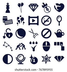 Set of 25 shiny filled icons such as mirror, gem, explosion, diamond, push button, balloon, constellation, sphere, lotto, no smoking, broken heart, heart lock, disc flame