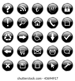 Set of 25 shiny, web buttons, icons - black glass.