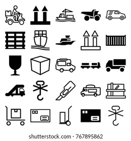 Set of 25 shipping filled and outline icons such as truck with luggage, truck crane, truck, parcel, cargo box, cargo arrow up, ship, cutter, box, van, courier on motorcycle