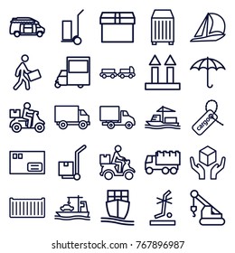 Set of 25 shipping outline icons such as truck with luggage, truck, crane, cart cargo, delivery bike, parcel, box, sailboat, van, cargo box, handle with care