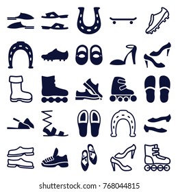 Set of 25 shoe filled and outline icons such as baby shoes, heel sandals, horseshoe, slippers, sandals, shoe, roller skate, skating, ballet shoes, skate rollers