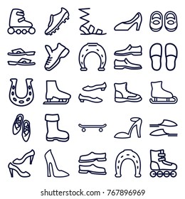 Set of 25 shoe outline icons such as boot, baby shoes, woman shoe, heel sandals, horseshoe, slippers, sandals, man shoe, shoe, roller skate, skating, ice skating