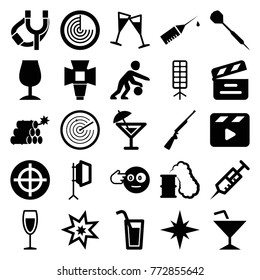 Set Of 25 Shot Filled Icons Such As Radar, Head Bang Emot, Target, Syringe, Movie Clapper, Injection Rash, Wine Glass, Soft Box, Dart, Basketball Player, Cocktail, Dynamite