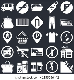 Set Of 25 simple editable icons such as Falling rocks, No water, Mall, smoking, Tote bag, Barcode, alcohol, Location on black background, web UI icon pack