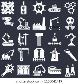 Set Of 25 simple editable icons such as Nuclear plant, Robot arm, Gas mask, Switch, Maintenance, Conveyor, Mill, Conveyor on black background, web UI icon pack