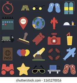 Set Of 25 simple editable icons such as Flip flops, Cocktail, Room service, Swimsuit, Binoculars, Map, Lifebuoy, Trailer on black background, web UI icon pack