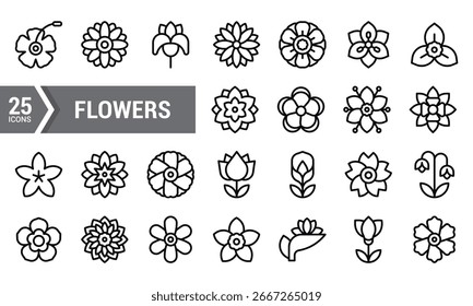 Conjunto de 25 iconos de línea simple que representan varios tipos de flores. Perfecto para Diseño web. App móviles. y proyectos de branding relacionados con la naturaleza. primavera. y temas florales.