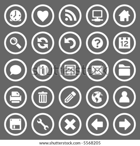 Set of 25 simple round web icons on gray background