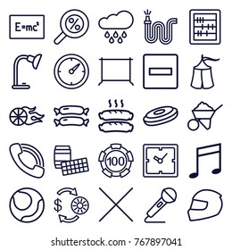 Set of 25 single outline icons such as sausage, clock, casino chip and money, 100 casino chip, hanger, abacus, construction, minus, percent search, hockey puck, lotto