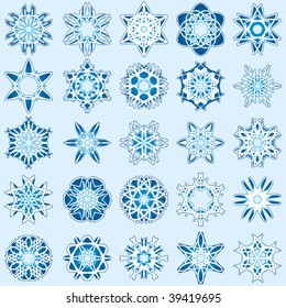 Set of 25 a six-rays crystal gradient snowflakes. Vector illustration on blue background.
