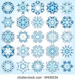 Set of 25 a six-rays crystal gradient snowflakes. Vector illustration on light blue background.