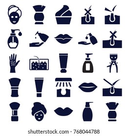 Set of 25 skin filled icons such as cream tube, shaving brush, no hair in skin, shave hair in skin, lips, spa mask, brush, bottle soap, liquid soap, soap, love, arm rash