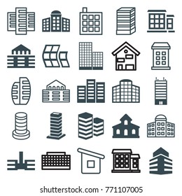Set of 25 skyscraper filled and outline icons such as building, building   isolated  sign symbol, house builidng