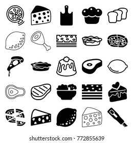 Set of 25 slice filled and outline icons such as pizza, pie, piece of cake, beef, cake slice, food, chopping board, cheese, lemon, bread
