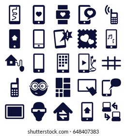 set of 25 smart filled icons such as finger on tablet, nerd emoji, heart mobile, photo with heart, phone, tablet, grid, home connection, laptop connection