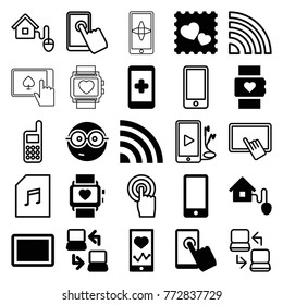 Set of 25 smart filled and outline icons such as nerd emoji, hand on smartphone, heart rate watch, heartbeat on phone, photo with heart, touchscreen, tablet, signal, phone