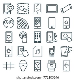 Set Of 25 Smart Outline Icons Such As Calendar On Phone, Nerd Emoji, Important Message, Heart Rate Watch, Heartbeat On Phone, Man In Smart Glasses, Wavy Phone, Heart Mobile