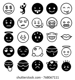 Set of 25 smile filled and outline icons such as smiling emot, cool emot in sunglasses, emoji angel, volleyball player, dollar smiley, dancing emoji, clown