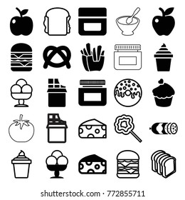 Set of 25 snack filled and outline icons such as cheese, cream, pretzel, french fries, ice cream in can, double burger, apple, muffin, ice cream, donut, bread slices, sandwich
