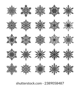 Set of 25 snowflakes. Ice patterns in design. Vector openwork ornament. Christmas decor. New Year set of winter symbols. Icon.