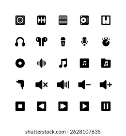 A set of 25 solid style music icons including instruments, sound control, headphones, and music notes. Perfect for UI, app, and multimedia design.