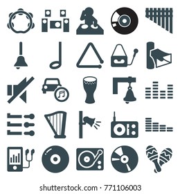 Set of 25 sound filled icons such as equalizer, disc, dj, radio, volume, mp3 player, microphone, no sound, cd, gramophone, harmonica, harp, triangle musical instrument