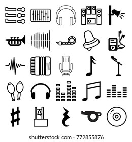 Set of 25 sound filled and outline icons such as megaphone, mp3 player, earphones, musical sharp, pause, music note, trumpet, equalizer, bell, disc, loud speaker set, slider