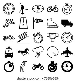 Set of 25 speed filled and outline icons such as wind cone, horse, bicycle, delivery car, ambulance, stopwatch, motorbike, clock, plane, helicopter, road, exercising, stairs