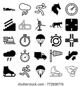 Set of 25 speed filled and outline icons such as escalator up, panther, horse, parachute, ice skate, stairs, delivery car, stopwatch, sport car, thunderstorm, wind cone