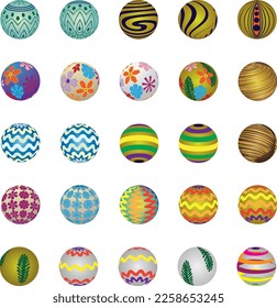 conjunto de 25 vectores esféricos Ornamental con diseños de intriga dentro. esferas texturadas, bolas de oro con diseños dentro de esferas de colores. para afiches o pancartas, portada o anuncio