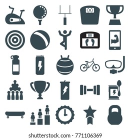 Set of 25 sport filled icons such as ball, ranking, bowling, bottle for fitness, fit ball, man doing exercises, target, protein powder, barbell, goal post