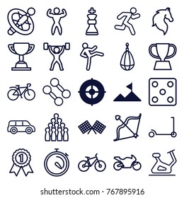 Set of 25 sport outline icons such as target, mountain, horse, kick scooter, exercise bike, dice, bowling, car, dumbbell, man doing exercises, boxing bag, bicycle, wheel