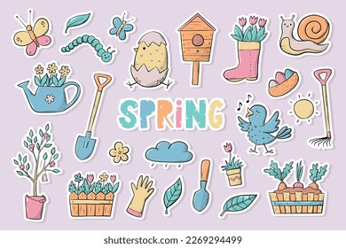set of 25 Spring pre made stickers with white edge, good for planners, prints, cards, sublimation, scrapbooking, stationary, etc. EPS 10