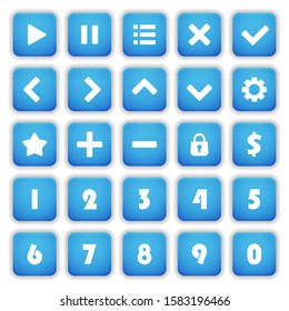 Set 25 of square blue buttons isolated on white background for game user interface. Mobile app vector elements, icons, arrows, level numbers template.