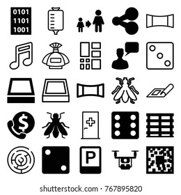 Set of 25 square filled and outline icons such as fly, dice, chatting man, son and father, qr code, share, bank support, medical drone, cargo box, panorama mode